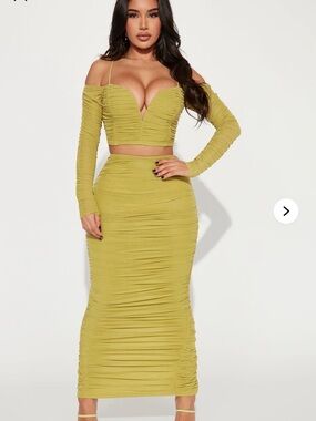 Charteuse Green Ruched Bodycon Midi Skirt - Women